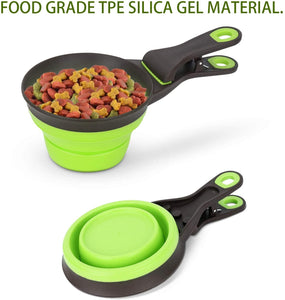 DGZ Collapsible Pet Scoop Silicone Measuring Cups Bag Clip and Travel Bowl for Cat and Dog SMALL