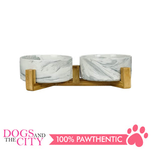 Dgz Nordic Double Ceramic Pet Bowl With Wood Stand MARBLE Design 31cmx17cmx9cm for Dog and Cat
