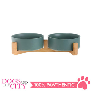 DGZ Double Ceramic Pet Bowl With Wood Stand 2x650ml 31x17x9cm for Dog and Cat