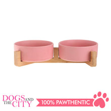 Load image into Gallery viewer, DGZ Double Ceramic Pet Bowl With Wood Stand 2x650ml 31x17x9cm for Dog and Cat