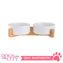 Load image into Gallery viewer, DGZ Double Ceramic Pet Bowl With Wood Stand 2x650ml 31x17x9cm for Dog and Cat