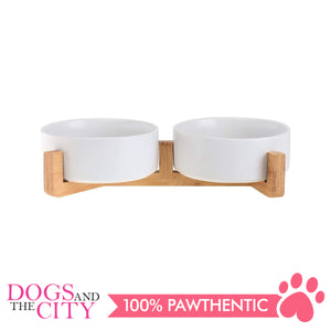 DGZ Double Ceramic Pet Bowl With Wood Stand 2x650ml 31x17x9cm for Dog and Cat