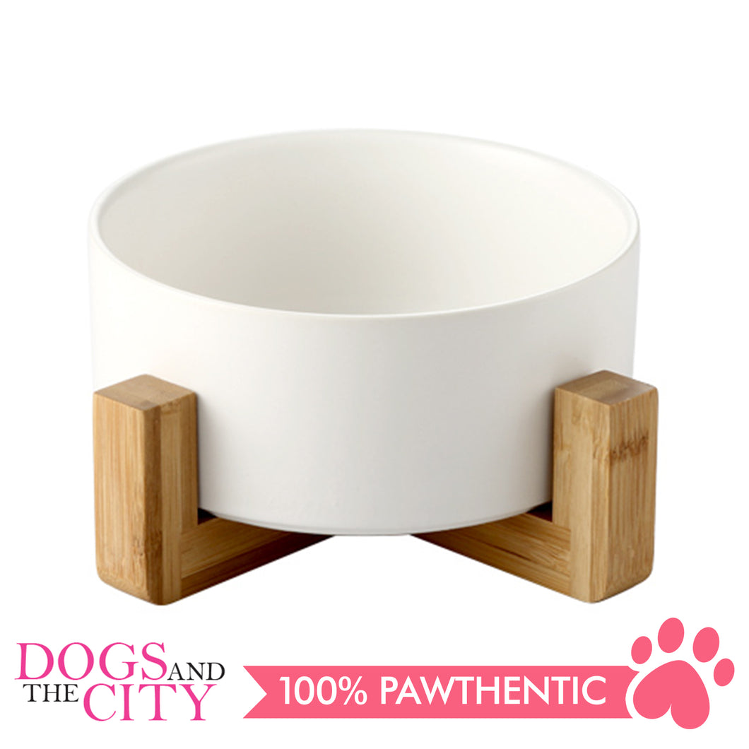 DGZ Nordic Ceramic Pet Bowl With Wood Stand Large 850ml 26x10.5cm for Dog and Cat