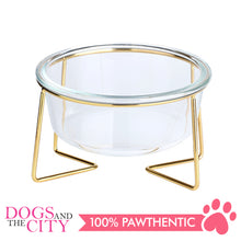 Load image into Gallery viewer, DGZ Nordic Glass Pet Bowl Small 450ml With Gold Iron Stand 15cmx10cmx8cm for Dog and Cat