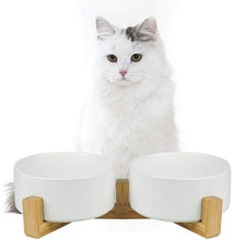 Load image into Gallery viewer, DGZ Double Ceramic Pet Bowl With Wood Stand 2x650ml 31x17x9cm for Dog and Cat