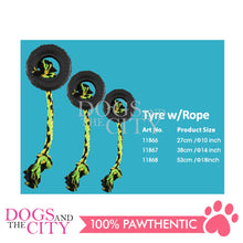 Load image into Gallery viewer, PAWISE 14705 Toss and Tug Tire with Rope Dog Toy 14inches - Dogs And The City Online